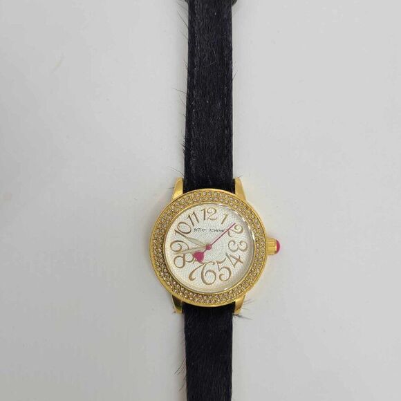 Betsey Johnson Gold Tone With Crystal Watch Running with Black Fuzzy Band NWOT! main image 7